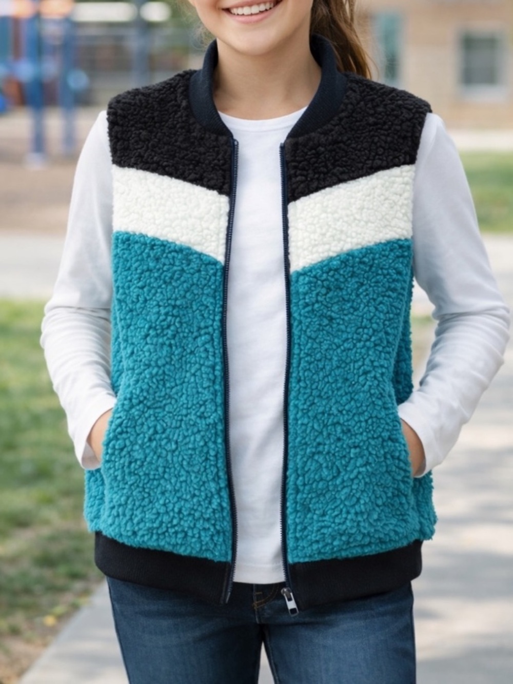 WONDER NATION Girls Sherpa Fleece Vest L 10 - 12 Colorblock Teal Green NWT
